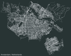 Detailed negative navigation urban street roads map on dark gray background of the Dutch capital city of Amsterdam, Netherlands