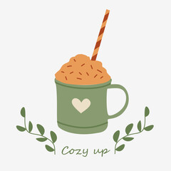 Cup of cacao. Vector illustration. Cozy winter drink. 