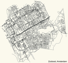 Detailed navigation urban street roads map on vintage beige background of the quarter Zuidoost (Southeast) district of the Dutch capital city of Amsterdam, Netherlands