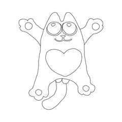 Hand drawn black vector illustration a portrait of a beautiful fun adult young cat with big loving eyes and heart isolated on a white background