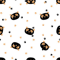 Seamless pattern with cute panda, footprint on white background. Funny asian animals. Card, postcards for kids. Flat vector illustration for fabric, textile, wallpaper, poster, gift wrapping paper