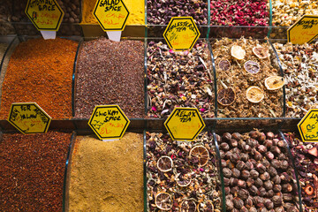 A spice stall in Spice Bazaar in Turkey displaying different spices