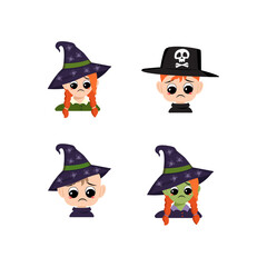 Set of girl, boy and baby with white and green skin, red hair, big eyes and sad emotions, depressed face, down eyes in pointed witch hat. Head of child with melancholy expression in carnival costume