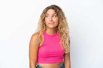 Girl with curly hair isolated on white background making doubts gesture looking side