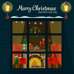 Christmas room with furniture, christmas tree, armchairs and fireplace through the window. Cute vector illustration.