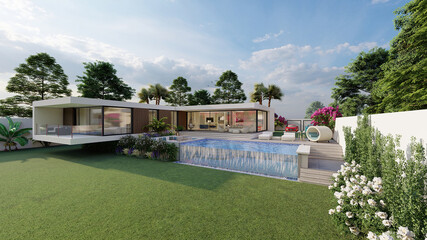 3D render, 3D illustration luxury villa with pool