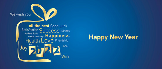 Happy New Year 2022 golden negative space numbers abstract christmas gift box word cloud text white blue background vector greeting card