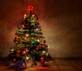 Vintage Christmas tree with a five-pointed star burning in the dark. Christmas card with place for...