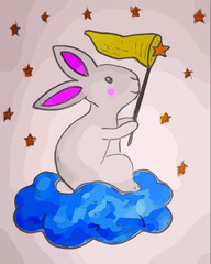 Bunny catches a star with a yellow butterfly net.  Flat vector illustartion.