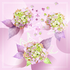 Floral bright botanical banner poster postcard with multicolored hydrangeas on pink background.