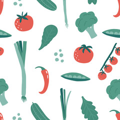 Colorful bright vegetable seamless pattern with hand drawn vegetables: tomato, onion, cucumber, pea, lettuce leaves, pepper. Vegetarian background. Vector illustration