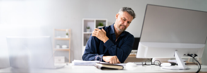 Posture Fatigue Shoulder Pain. Mature Man