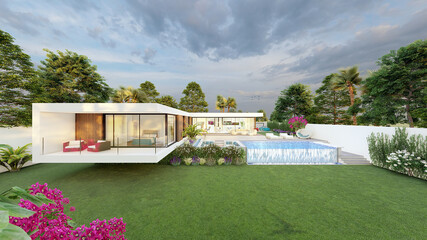 3D render, 3D illustration luxury villa with pool