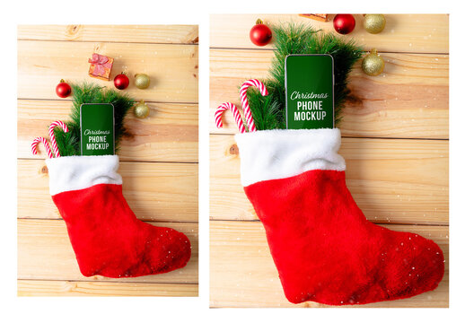 Phone in a Christmas Stocking Mockup