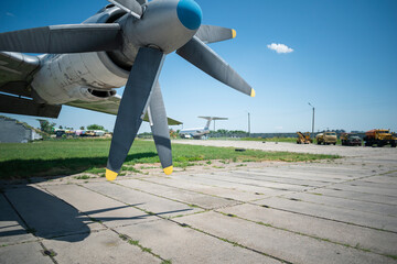 aircraft propellers. Hull, chassis, engines and propellers of an old plane. large, cargo, military aircraft with a large payload