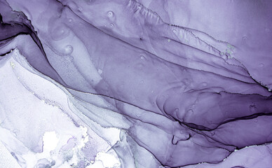 Purple Liquid Paint. Gray Grey Acrylic Ink Mix. Marble Abstract Effect. Modern Liquid Paint Waves. Watercolor Fluid Drops. Metallic Alcohol Oil Texture. Flow Liquid Paint.