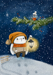 animal, blue, card, cartoon, celebration, character, children, christmas, cute, december, decoration,