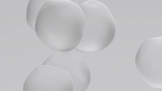 3d render of liquid bubbles levitation. Smooth transparent spheres movement. Vivid animation of elastic glossy shapes flowing. Three-dimensional business presentation. Flexible objects deformation. 