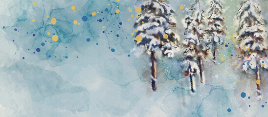 Winter forest. Watercolor banner, design element