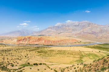 Large mountains and the Panj River valley.