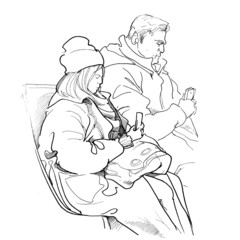 Subway passengers, a young woman and an adult man, dressed in winter clothes, look at their phones. Hand drawn. Black liner sketch for design and illustrations in books and magazines.