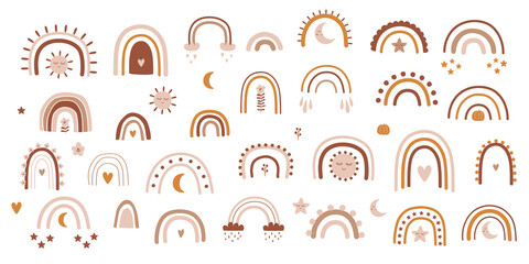Baby rainbow set. Nusrery boho rainbow collection. Pastel rainbows symbols, cloud, moon, star, heart. Lovely baby icons. Kids clipart. Boho childish logo. Baby illustration. Gender neutral wall art. © Tani Kuzminka