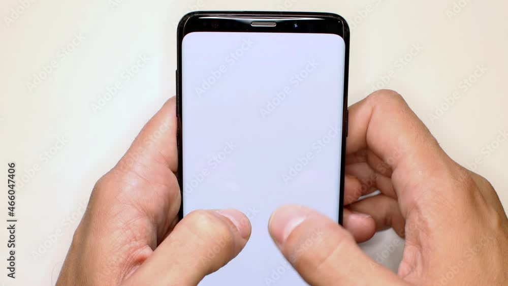 Poster holding telephone blank minimal template. man scrolling on smartphone screen with white background. 