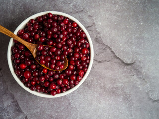 Ripe fresh cranberries in white bowl and wooden spoon on concrete table top with copy space