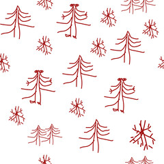 Vector. Christmas and New Year seamless pattern. Red fir trees and  snowflakes on a white background in doodle style. Children's drawing. Print on fabric, endless background for wrapping paper.