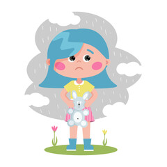 Little girl with blue hair in a yellow T-shirt with a plush rabbit. Sad little girl on the background of the rain. Vector illustration. Childrens flat illustration