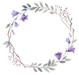 Watercolor illustration of a wreath with bells, frame for text 