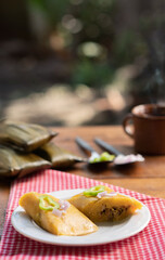 Beef tamale served on a white plate. Typical breakfast in Latin America. Copy space.