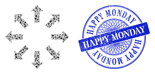 Expand arrows mosaic of triangle, and Happy Monday scratched seal print. Blue seal includes Happy Monday title inside round form. Vector expand arrows collage is designed of scattered triangle parts.