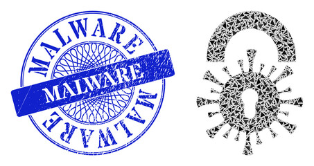 Viral lockdown mosaic of triangle, and Malware corroded seal. Blue seal includes Malware title inside circle form. Vector viral lockdown mosaic is done of different triangle items.