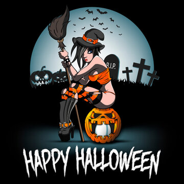 Happy Halloween. Sexy witch sitting on a pumpkin inside which is a rugby ball, against the backdrop halloween accessories. Design for greeting card, poster. Vector illustration