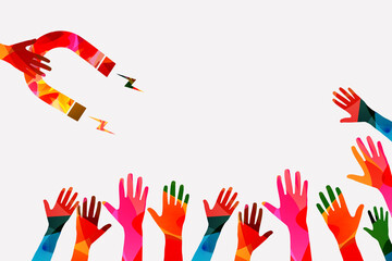 Attracting customers and buyers. Marketing strategy for attracting new users, leads, followers. Job recruitment. New candidates search. Magnet attracting people. Vector illustration