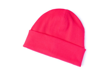 Bright pink stylish youth beanie hat from natural eco fabric with texture, handmade. Isolation on a white background