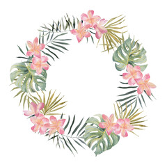 Fototapeta na wymiar Jungle wreath with plumeria, monstera, palm leaves. Watercolor hand drawn. Frame isolated on white background. For summer floral design, wedding invitation, save date or greeting card.