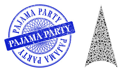 Arrowhead up mosaic of triangle parts, and Pajama Party grunge watermark. Blue stamp seal contains Pajama Party title inside circle shape.