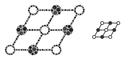 Fototapeta premium Inclined grid vector composition of small circles in variable sizes and color hues. Small circles are organized into inclined grid vector mosaic. Abstract vector illustration.