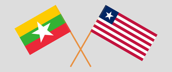Crossed flags of Myanmar and Liberia. Official colors. Correct proportion