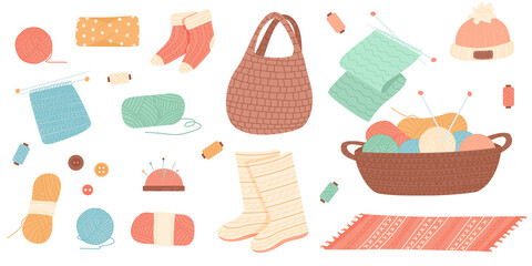 Winter knit clothes. Hygge christmas. Winter knit clothes and holiday decor fir-tree, gifts. Vector illustration EPS10