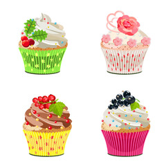 Set of holiday cupcakes with fruit, chocolate and cream decorations isolated on white background