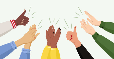 People applaud. Human hands clapping ovation. Hand thumbs up. Business team cheering and ovation vector concept.