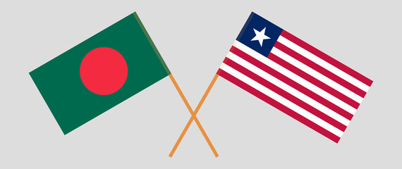 Crossed flags of Bangladesh and Liberia. Official colors. Correct proportion