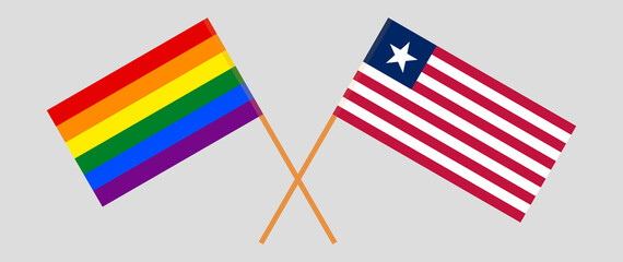 Crossed flags of LGBTQ and Liberia. Official colors. Correct proportion