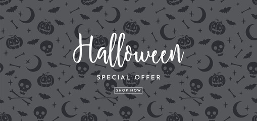 Halloween Sale Design. Vector Illustration. Dark Background with Seamless Pattern. Special Offer Template Suitable for Social Media Posts, Banners, Mobile Apps, Cards, Vouchers and Internet Ads.