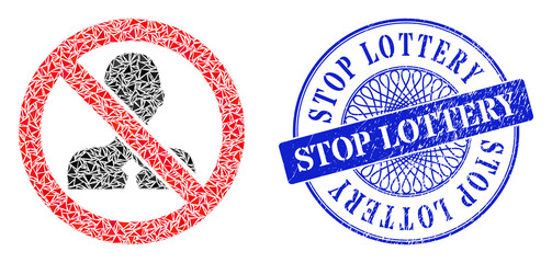 No clerk mosaic of triangle parts, and Stop Lottery dirty badge. Blue seal contains Stop Lottery text inside round form. Vector no clerk mosaic is designed of randomized triangle parts.