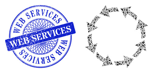 Rotate ccw mosaic of triangle parts, and Web Services grunge stamp seal. Blue stamp seal contains Web Services text inside round form. Vector rotate ccw collage is formed of scattered triangle parts.