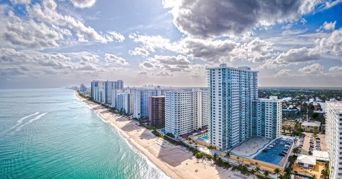 Aerial drone panorama of city with beach in Fort Lauderdale, Florida
